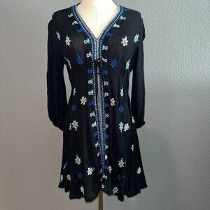 FP FREE PEOPLE STAR GAZER BLACK & BLUE LONG SLEEVE EMBROIDERED DRESS - EUC -  XS